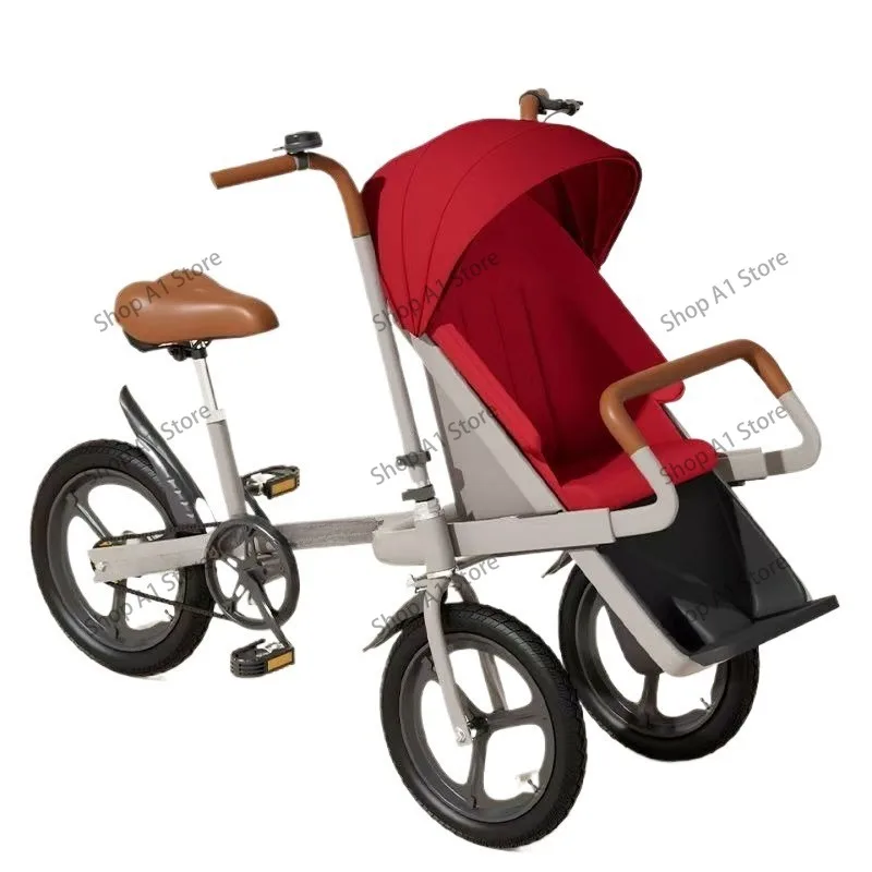Parent Child Tricycle with Front Baby Seat & Sunshade, Integrated Mom and Kid Double Seat Bike for Outdoor Family Riding