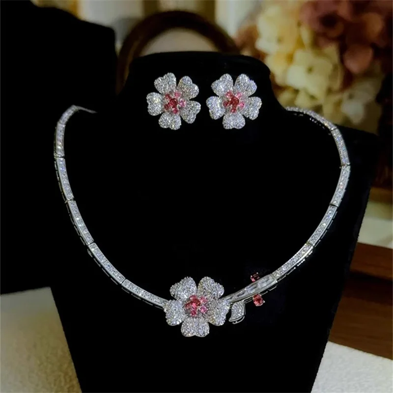 Flower Jewelry Sets For Women 925 Silver Needle Stud Earring Necklace Set Cute Exquisite Gorgeous Bridal Wedding Party Jewelry