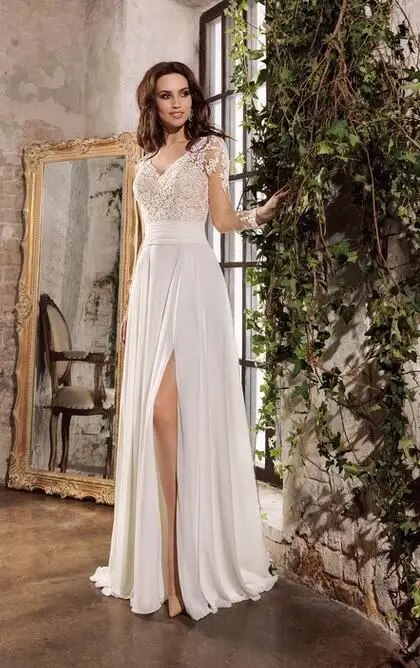 Sexy Chiffon Sheath V-neck Floor Length Wedding Dress with Lace and Applique