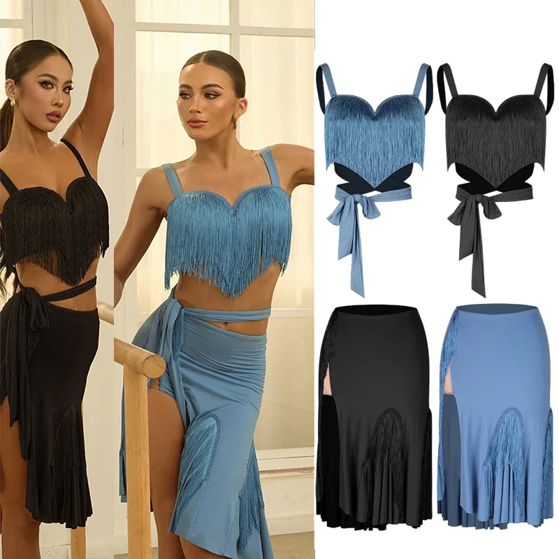 

New Latin Dance Clothes Women ZYM Sexy Tassel Tops Slit Skirt Rumba Cha Cha Samba Dance Practice Wear Perform Costume DNV22789
