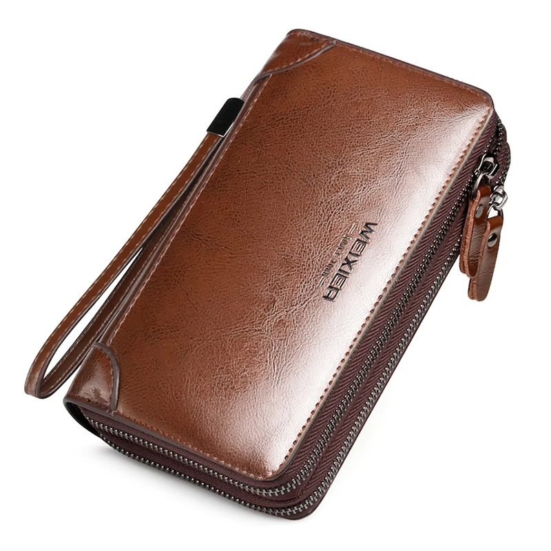 Bolsa de embreagem de couro para homens Carteira com zíper, porta-passaporte, bolsa de mão para telefone, bolsa quadrada, portátil masculino