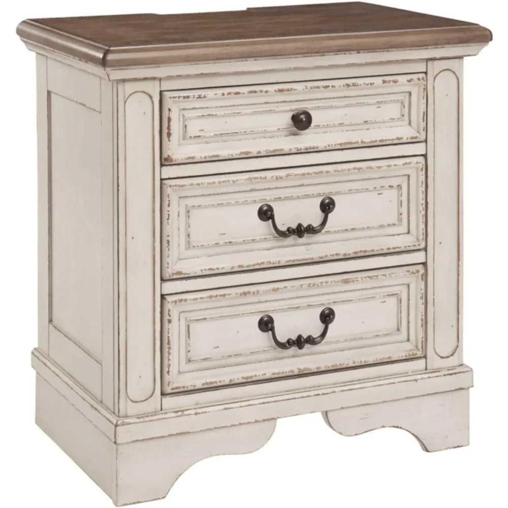 

French Country 3 Drawer Nightstand with Electrical Outlets & USB Ports, Chipped White