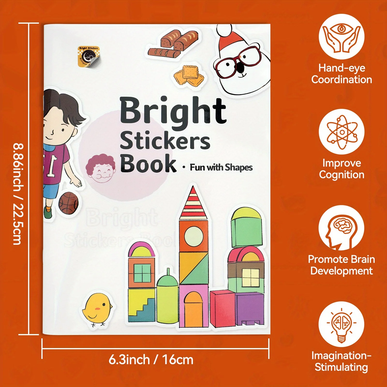 Bright Stickers Book, Fun with Shapes Activity Book for Kids with Removable Stickers, Blocks, Animals