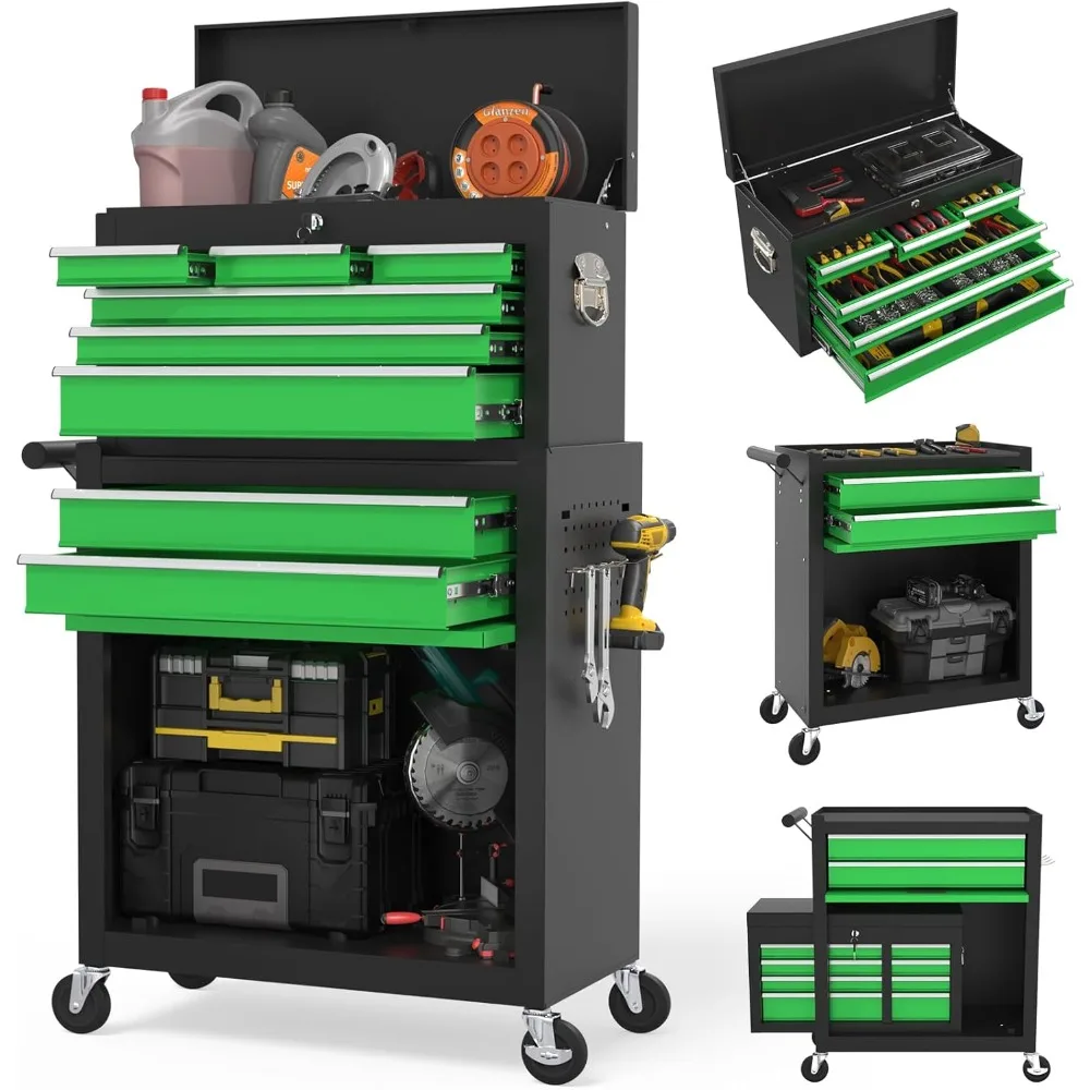 Tool Chest, 8-Drawer Rolling Tool Storage Cabinet with 2 in 1 Detachable Top Tool Box, Liner, Lockable Wheels, Side Hooks