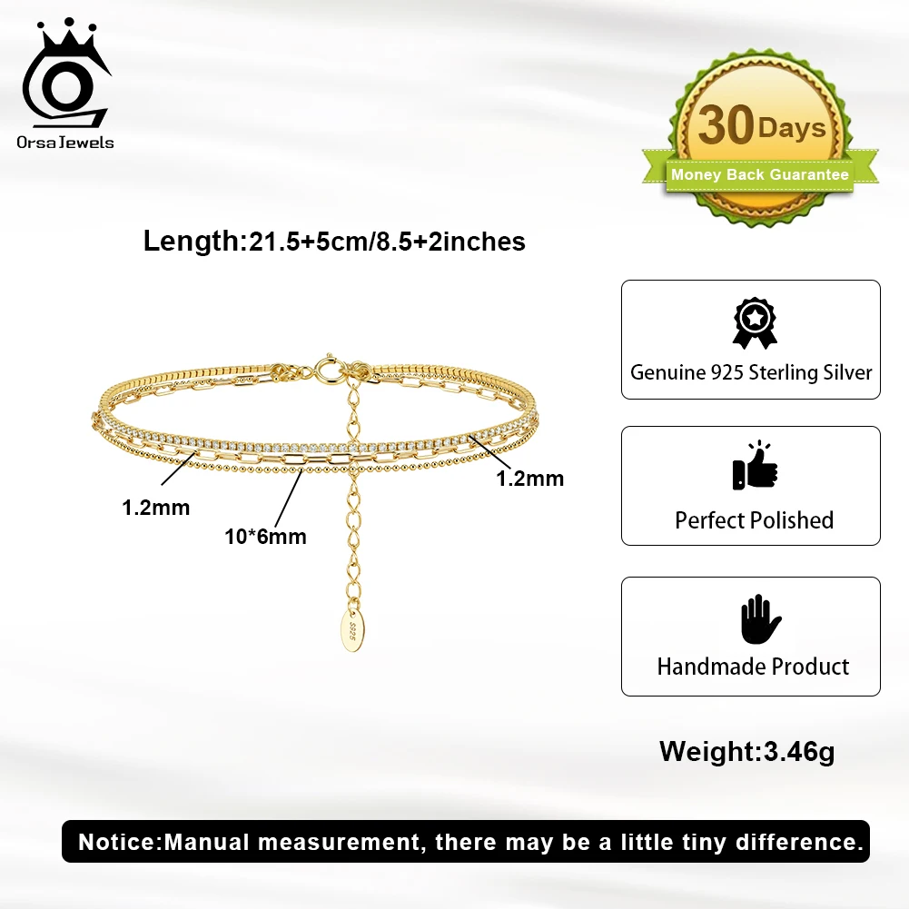ORSA JEWELS Elegant Layered 925 Sterling Silver Chain Anklet for Women Summer Sexy Beach Foot Chain Ankle Straps Jewelry SA104