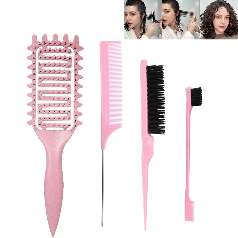 

4pcs Curl Define Styling Brush Edge Control Comb Set Hollow Boar Bristle Detangling Hair Brush Tangled Shaping Defining Combs