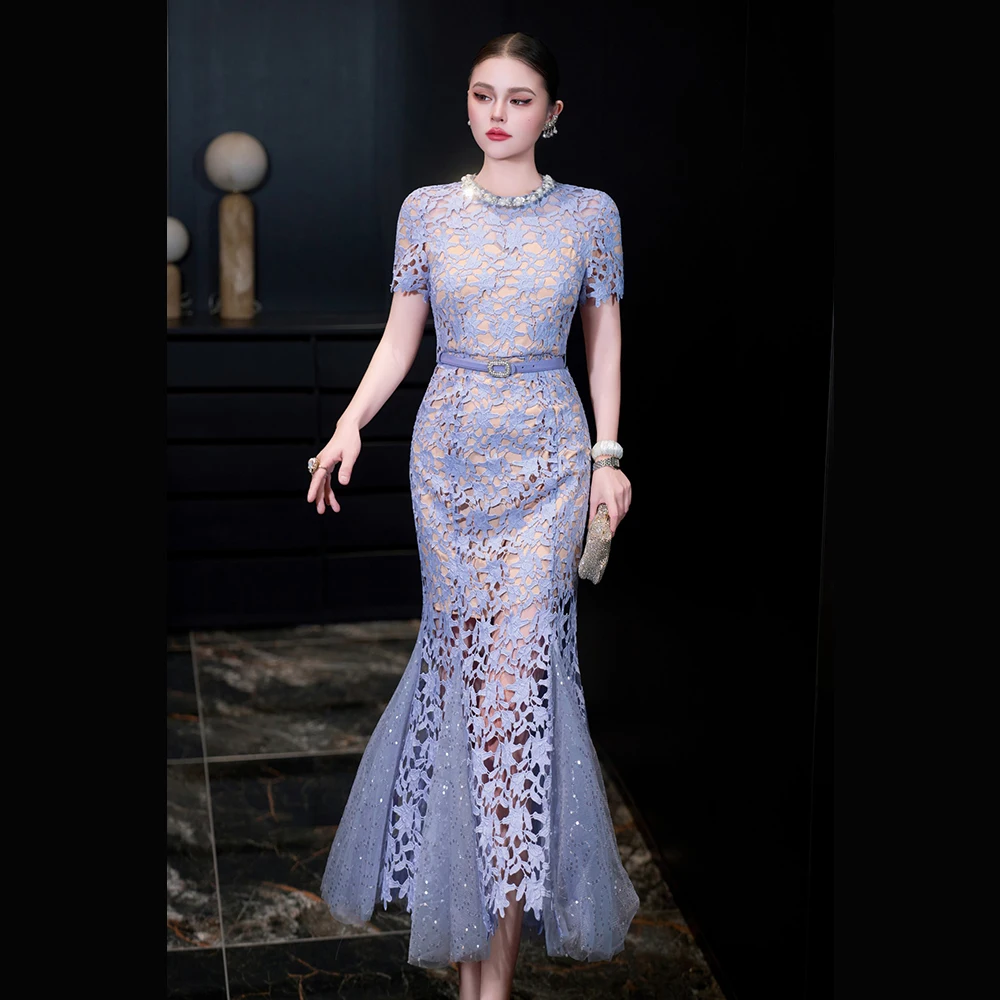 Meyyithun Women's Dress  Lace Short Sleeve O-neck Diamond Embedded Waist-cinched Bodycon Tailored Mermaid Dress