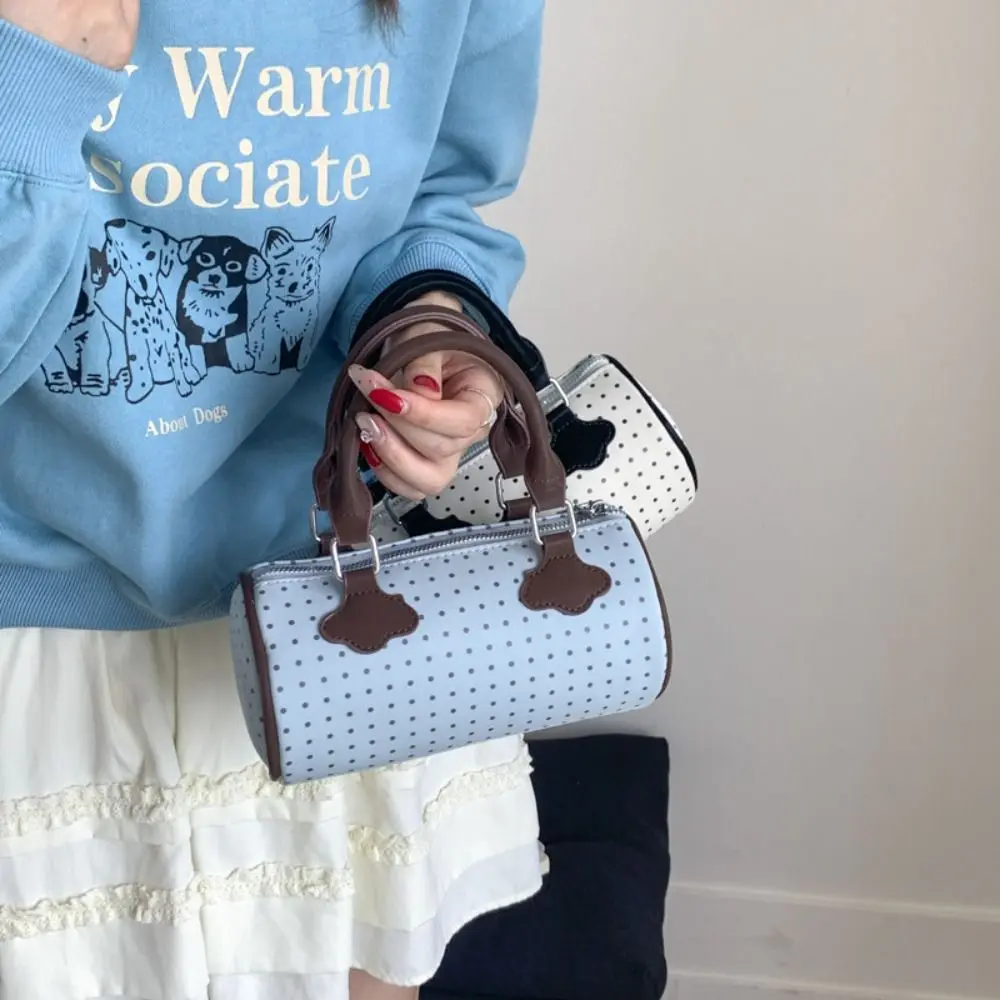 

Trendy French Style Polka Dot Bowling Bag Large Capacity Elegant Women Handbags Casual Cute Boston Shoulder Bag Travel