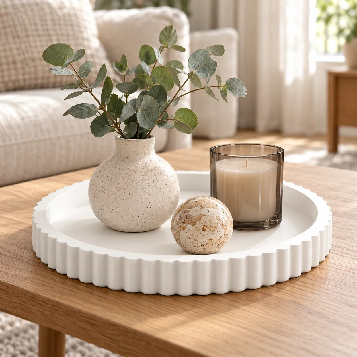Round Coffee Table Tray, Minimalist White Decorative Serving Tray For Living Room Center Table And Home Styling