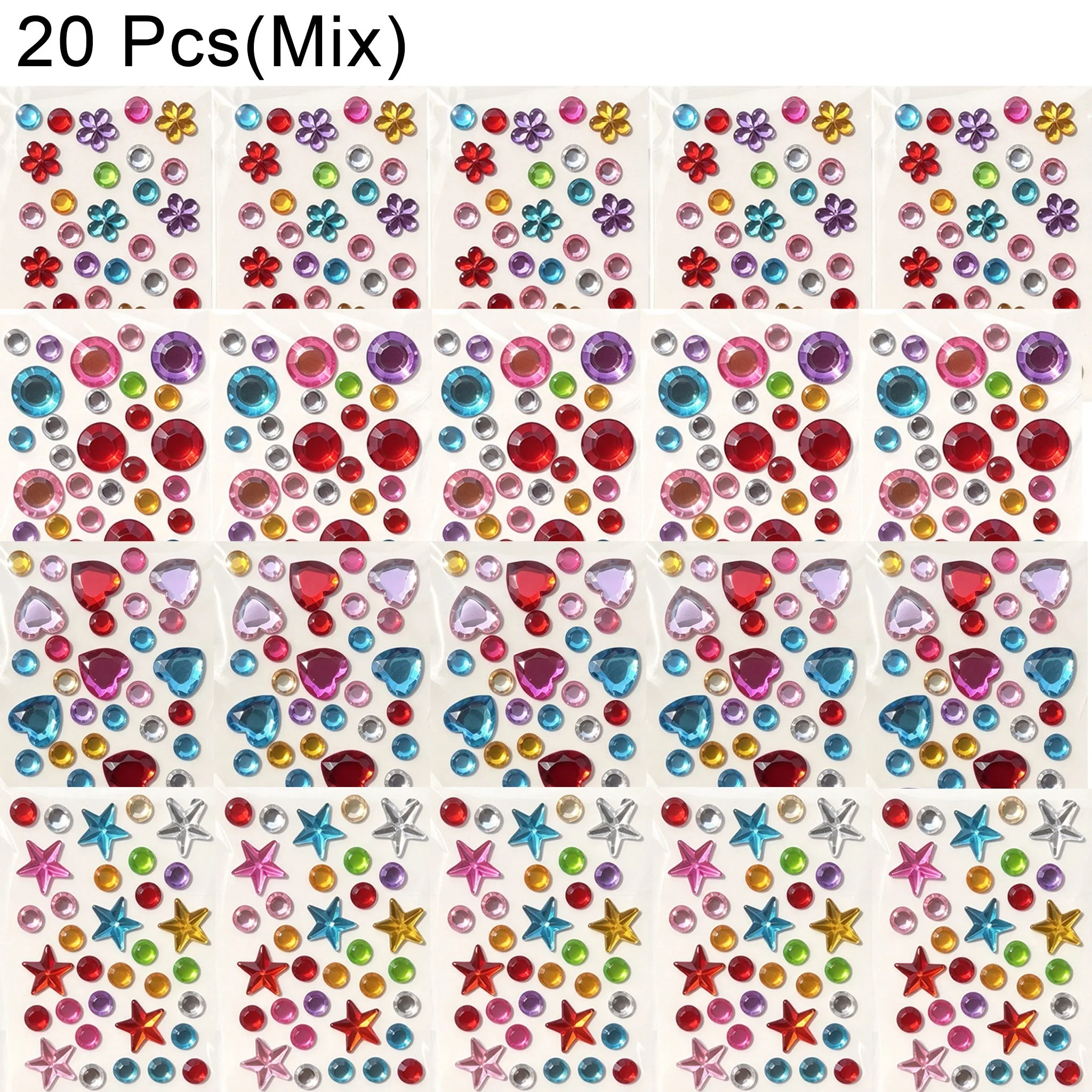 20Pcs Bling Crystal Diamond Stick-On Gems, Self Adhesive Assorted Shapes Acrylic Jewel Stickers, Ideal for Festival Makeup, Nail
