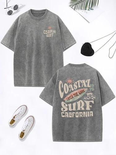 Imagen 2 del producto Camiseta lavada con estampado de California para mujer, Tops de algodón de gran tamaño, camiseta desgastada con cuello redondo, ropa de verano