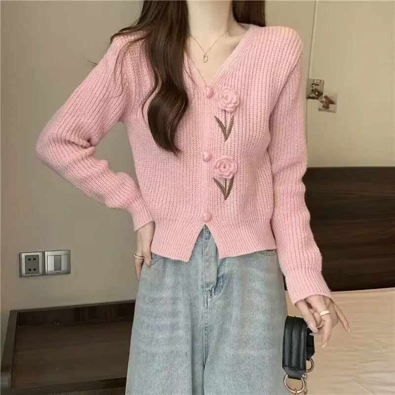 Fashion V-neck Knitted Sweater Cardigan Woman Clothes Autumn Winter Harajuku Three-dimensional Flower Jacket Korean Casual Tops