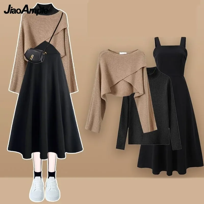 Women\'s Autumn Winter New In Matching Set Korean Elegant Short Knitted Sweater+Black Bottom Pullover+Strap Dress 3 Piece Suit