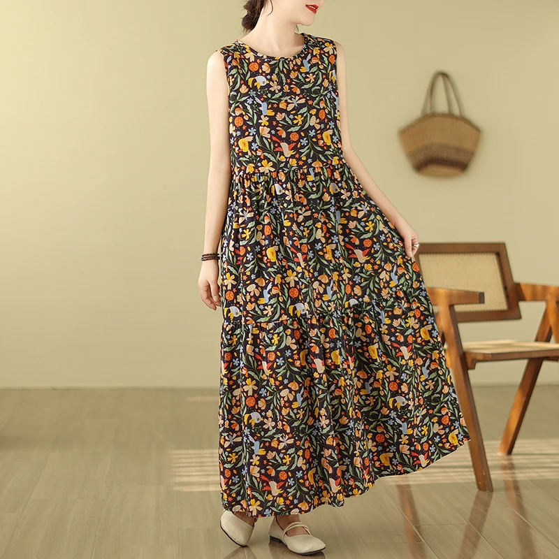 Bloemenprint Maxi Dr Hoge taille Afslankend Svel Vest Sle Lange Dr voor grote maten Dames Woon-werk Sle Verzameld Los...