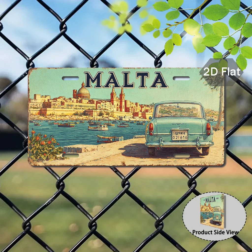 2D Flat, 1pc Vintage Malta Metal Sign - 2D Flat Printed Retro Car Sign with Maltese Landmarks (29.97cm X 14.99cm) - Fit for C