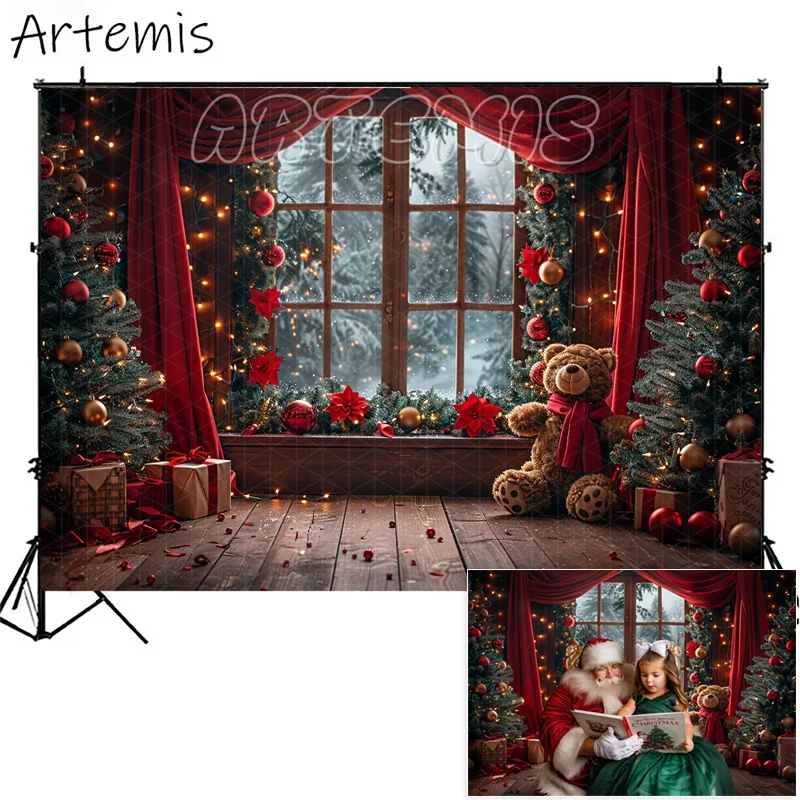 Christmas Photography Backdrops Winter Window Red Curtains Gift Baby Kids Family Portrait Decorative Background Photocall Props