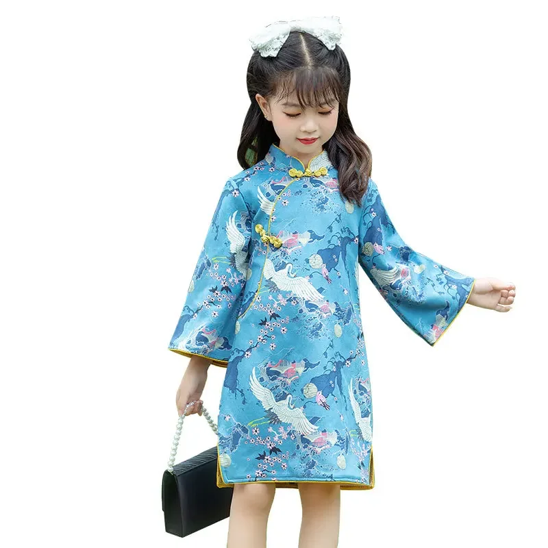 Girls Dress 2023 Autumn Winter Long-sleeved Cheongsam for Kids Children Chinese Style Princess Dress Tang Suit Hanfu Clothes