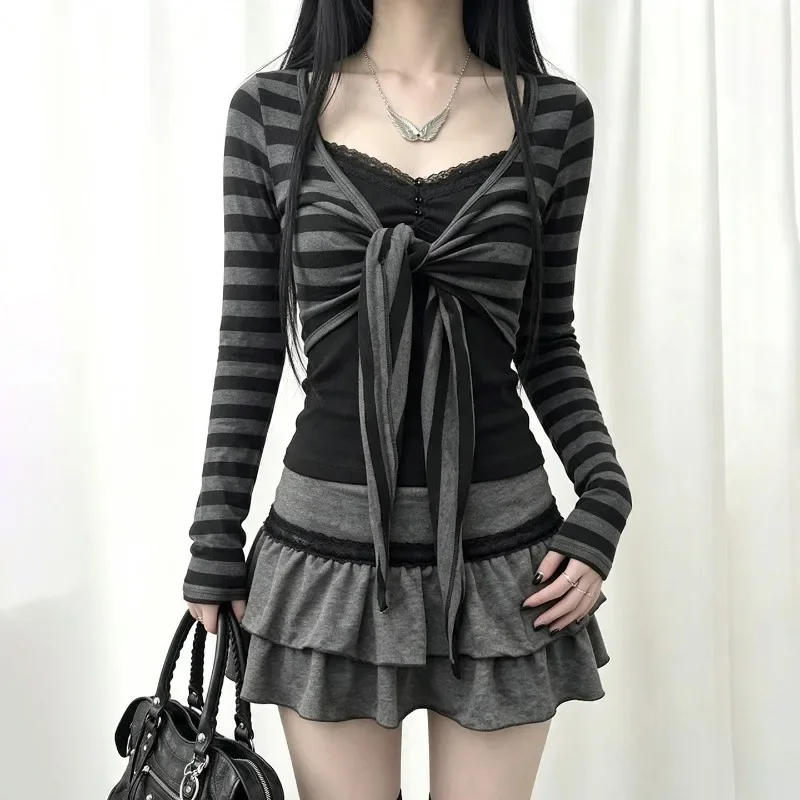 Y2K Subculture Black Sleeveless Vest Chic Striped Strap Cover Shirt Casual Low Waist Ruffle Edge Skirt Pants Harajuku Style 3pcs