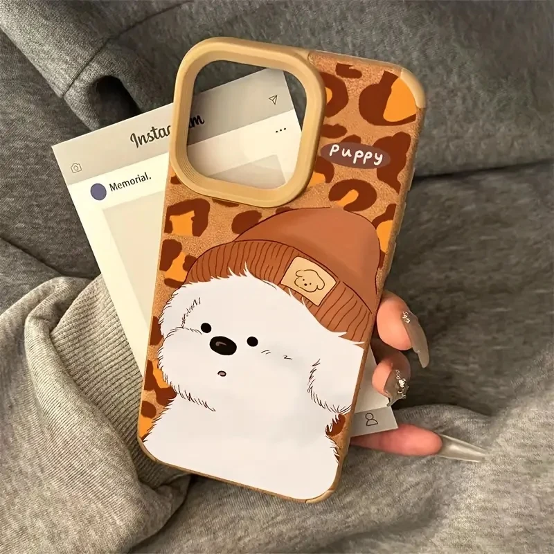 White Puppy Faux Fur Fashion Matte Lambskin Faux Leather Phone Case For iPhone 16 15 14 13 11 12 Pro Max Plus X XR XS Max Cover