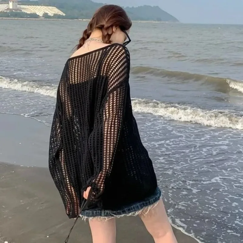 PTKPCC Female Personality Loose Casual Solid Pullovers Women Breathable Hollow Out Lazy Style Japanese Version Sweater Summer