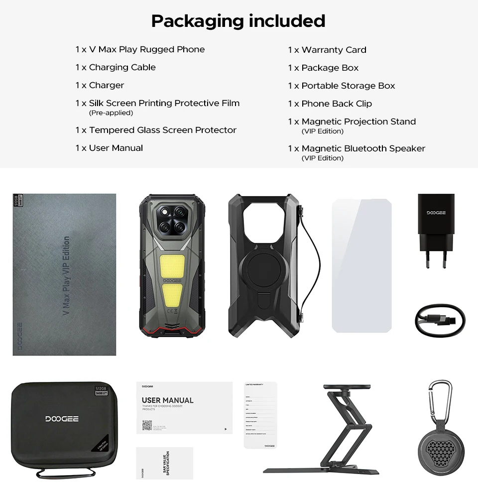 Global Version DOOGEE V Max Play 5G Projector Rugged Phone 6.78" 20500mAh Battery Dual Camping lights Dimensity 7300 NFC Phone