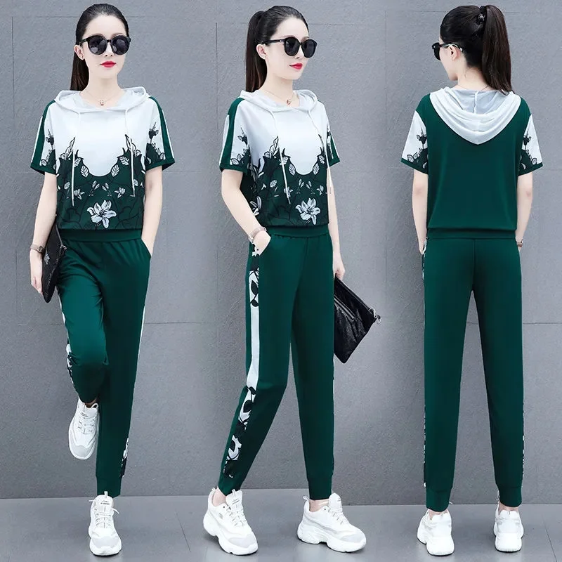 

Sports Suit For Women 2025 New Summer Fashionable Hooded High End Running Suit Set Lady Pants Two-Piece Set 4XL