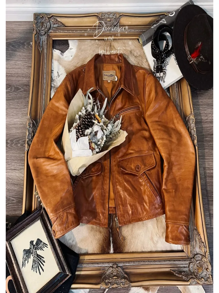 

CDC945 Cidu Asian Size Men's Slim Vintage Genuine Italian Tuscany Cow Leather Cotton Lining Storm Rider Jacket