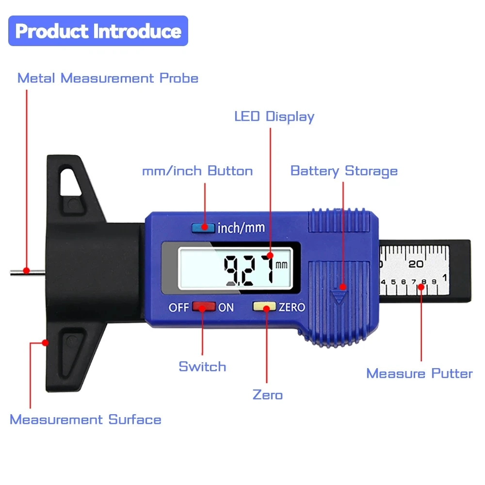 Calibri digitali per spessore pneumatici per auto Misuratore di profondità per il monitoraggio automatico sicuro del battistrada dei pneumatici