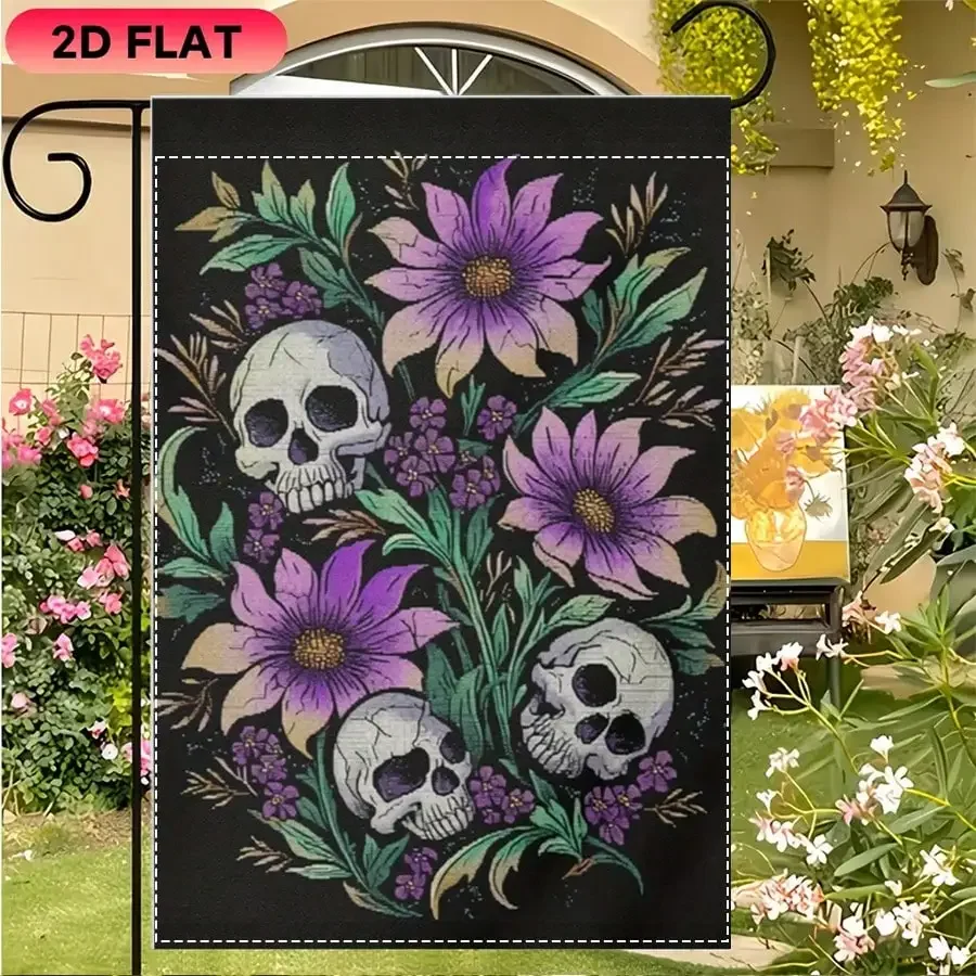 

1pc Gothic Skull and Purple Floral Garden Flag, Black Background Outdoor Decorative Banner for Patio, Lawn, Home, Durable Fabric Yard Decoration