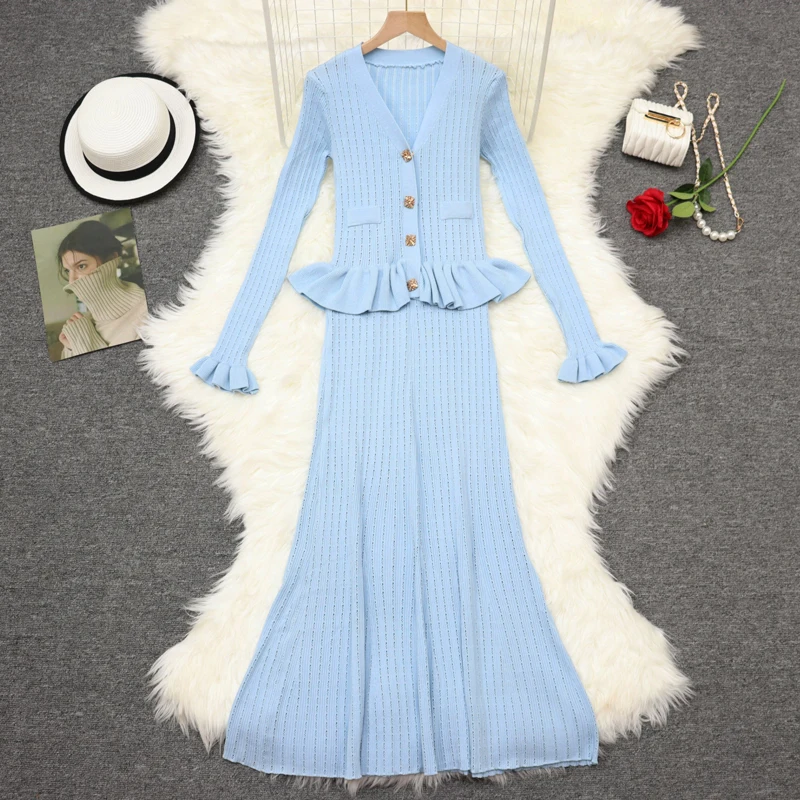Luxury High Quality Korean Knitting Women Autumn Winter V Neck Ruffles Sinlge Breasted Long Sleeve Mermaid Office Party Dresses