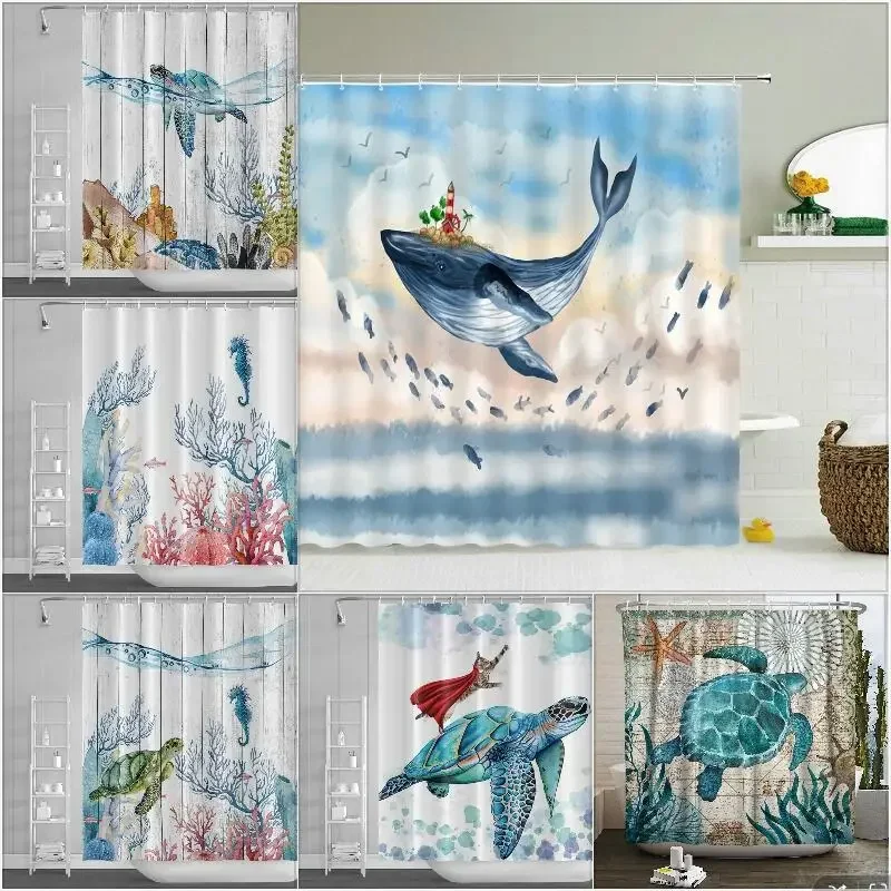 Fun Cartoon Sea Animal Shower Curtain, Sea Turtle Octopus Jellyfish Whale Crab Sea Life Landscape, Bathroom Shower Curtain Set