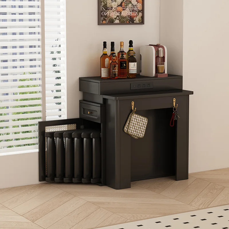 

Black, rock slab rice space retractable solid wood folding dining table combination small apartment table and chairs