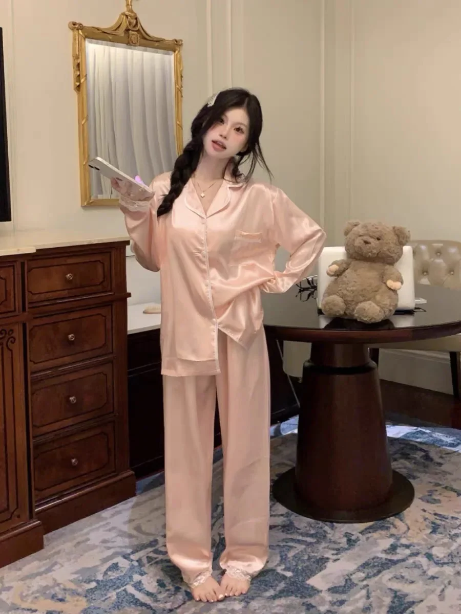 Spring Autumn New Ice Silk Soft Pajama Sets for Women Lace Lapel Cardigan Outfits for Women 2 Piece Set Sweet Pink Women Pajama