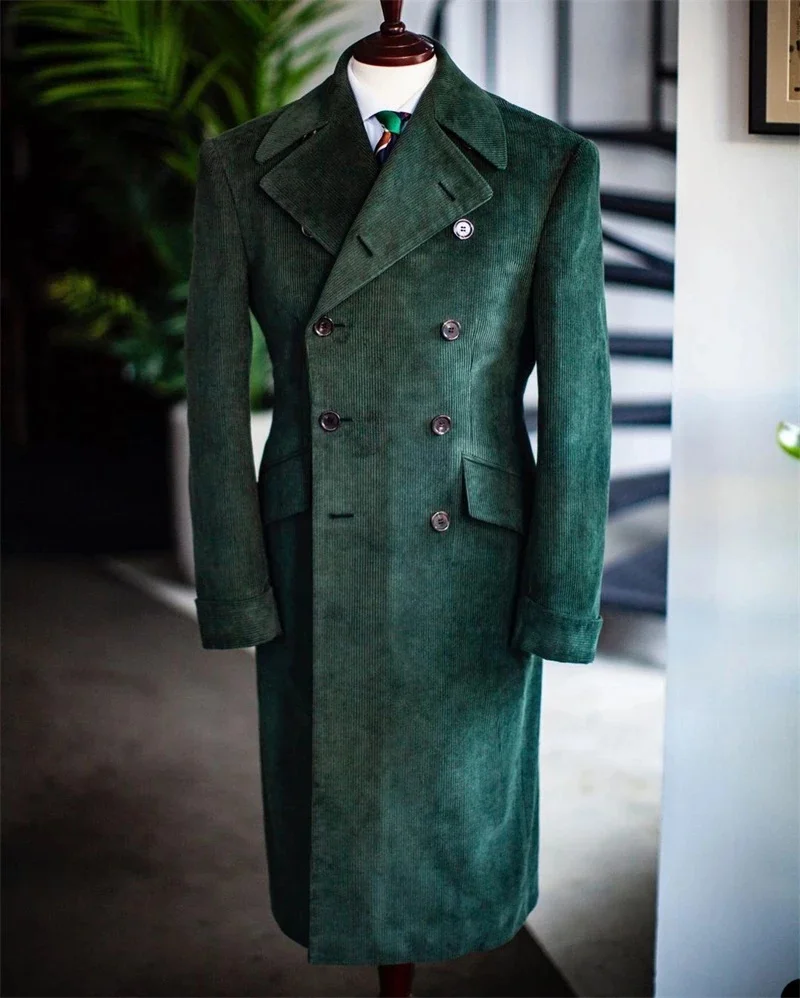 Traje de pana para hombre, abrigo largo de invierno, Blazer Formal para oficina, doble botonadura, fiesta de graduación, verde oscuro, chaqueta de negocios hecha a medida