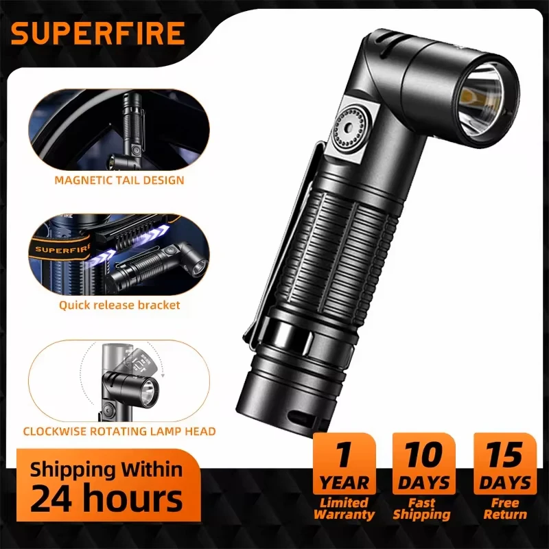 SUPERFIRE G19-S Magnetic Rechargeable Flashlight with Magnet Adjustable Base Magnetic tail design 90°adjustable angle Head Lamp