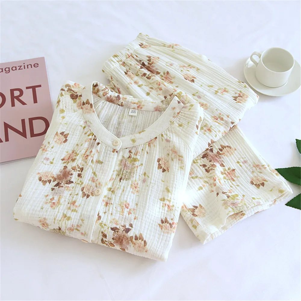 

Cotton Gauze O-Neck Women Pajamas Floral Print Sleepwear Summer Autumn Female 2 Piece Set Nightwear Lady Pyjamas Loungewear