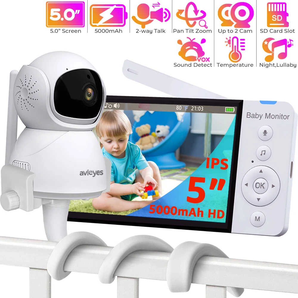 

5 Inch HD Baby Monitor with Camera Pan-Tilt-Zoom 5000mAh Long Life Battery IPS Screen PTZ Babyphone Babysitter Camera Holder