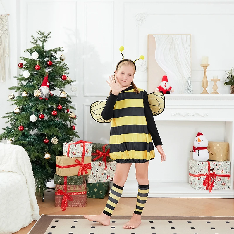 

New Women Kids Cosplay Costume Set Halloween Bee Dress With Wings Headband Leg Sleeves For Role-Playing Accessories