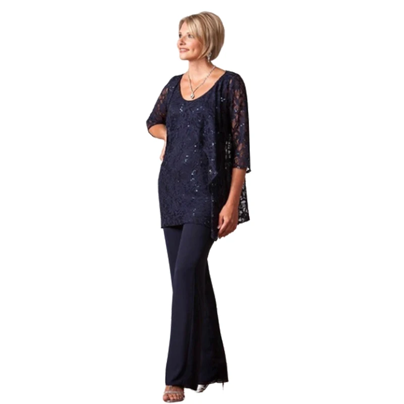 Navy Blue Formal Mother of the Bride Dress Pantsuit Sequined Top Sheer Overlay Elegant Evening Wear Three-Quarter Sleeve Jacket