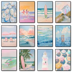 Pastel Oyster Shell Beach Umbrella Surfing Ocean Waves Seascape Poster Canvas Printing Wall Art Picture Coastal Room Home Decor