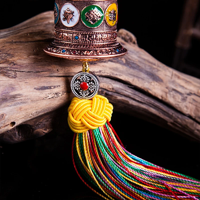 Tibetan Style Auspicious Car Pendant Alloy Prayer Wheel Colored Tassel Car Rearview Mirror Pendant Auto Interior Accessories