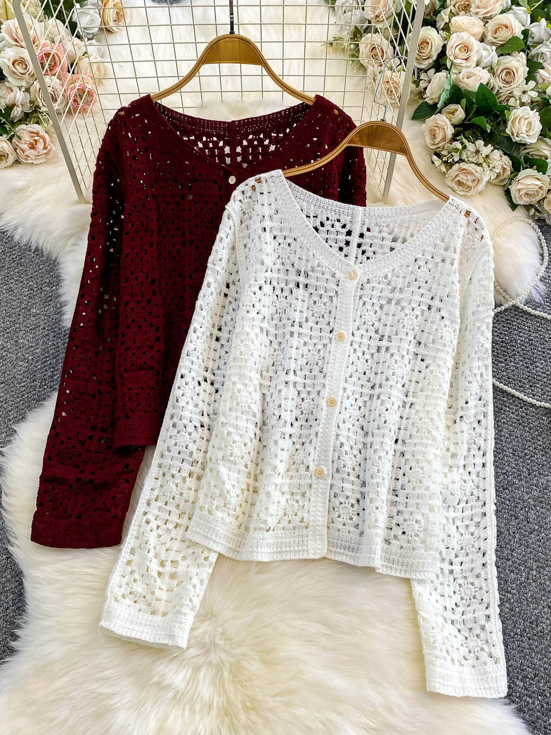 

N Holiday Sle Long Sve ажурный солнцезащитный открытый кардиган женский элегантный топ корейский свободный крой трикотаж с v-образным вырезом