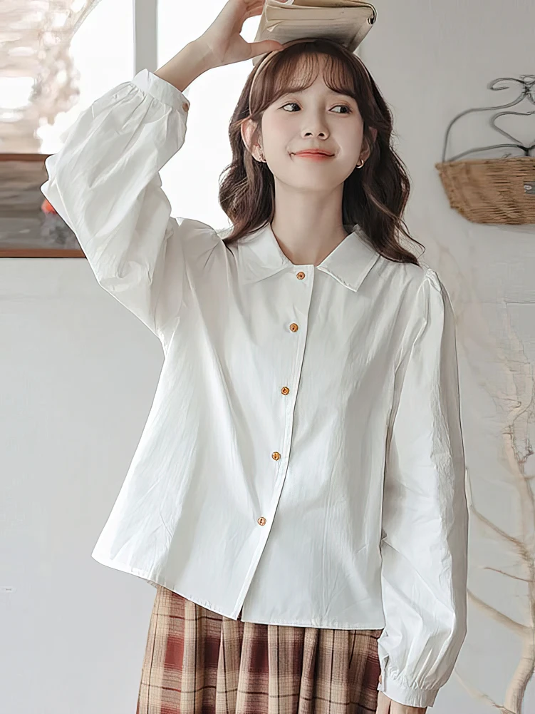 School Vintage Puff Long sleeve Shirt Women Cotton Youthful Basic Casual Blouses Female Top Lady Elegant White Oversized