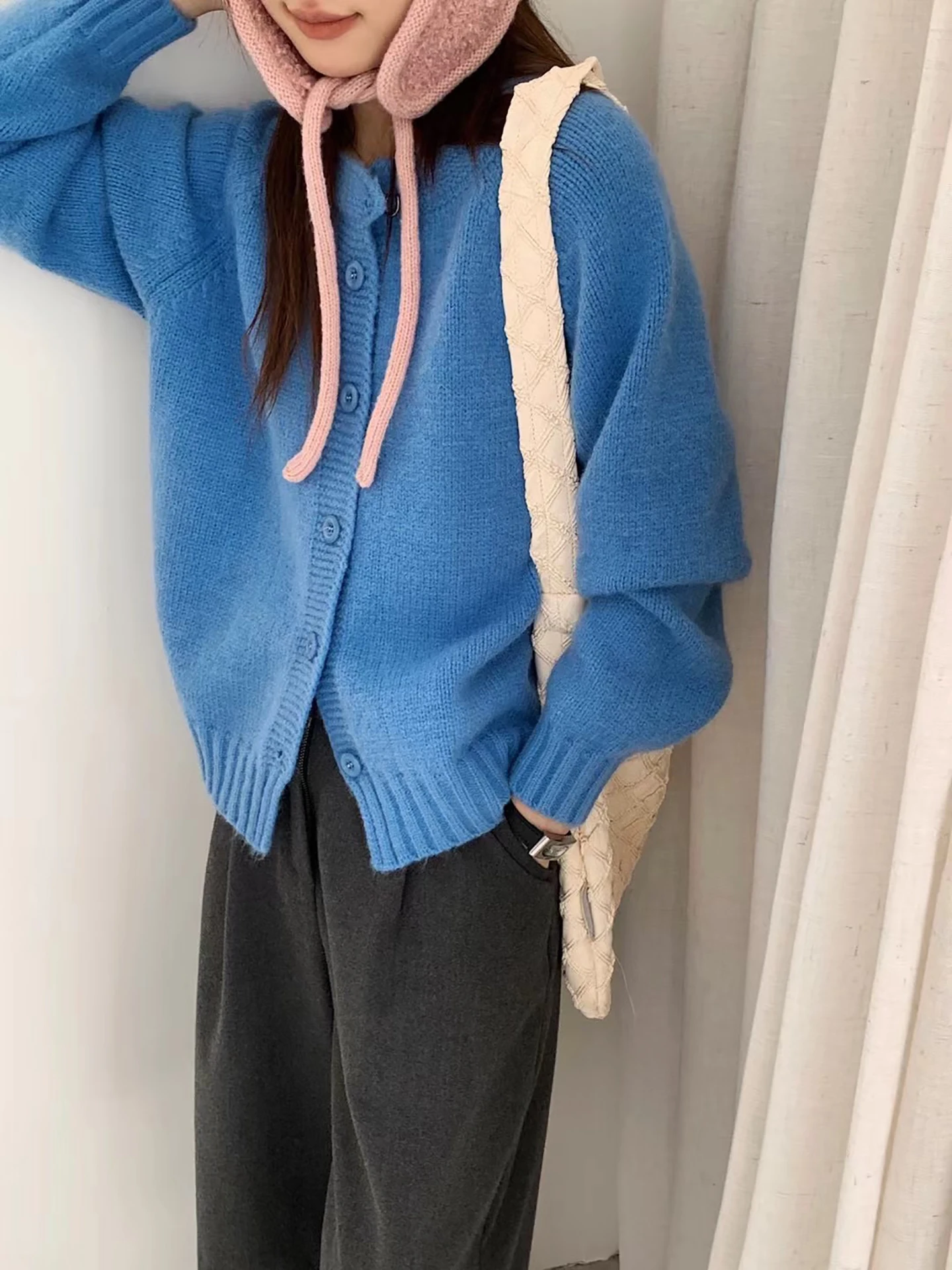 Korean Sle Loose Knitted Cardigan Women's round Ne Single Button Sweater Autumn Winter Casual Versatile Long Sve Warmth