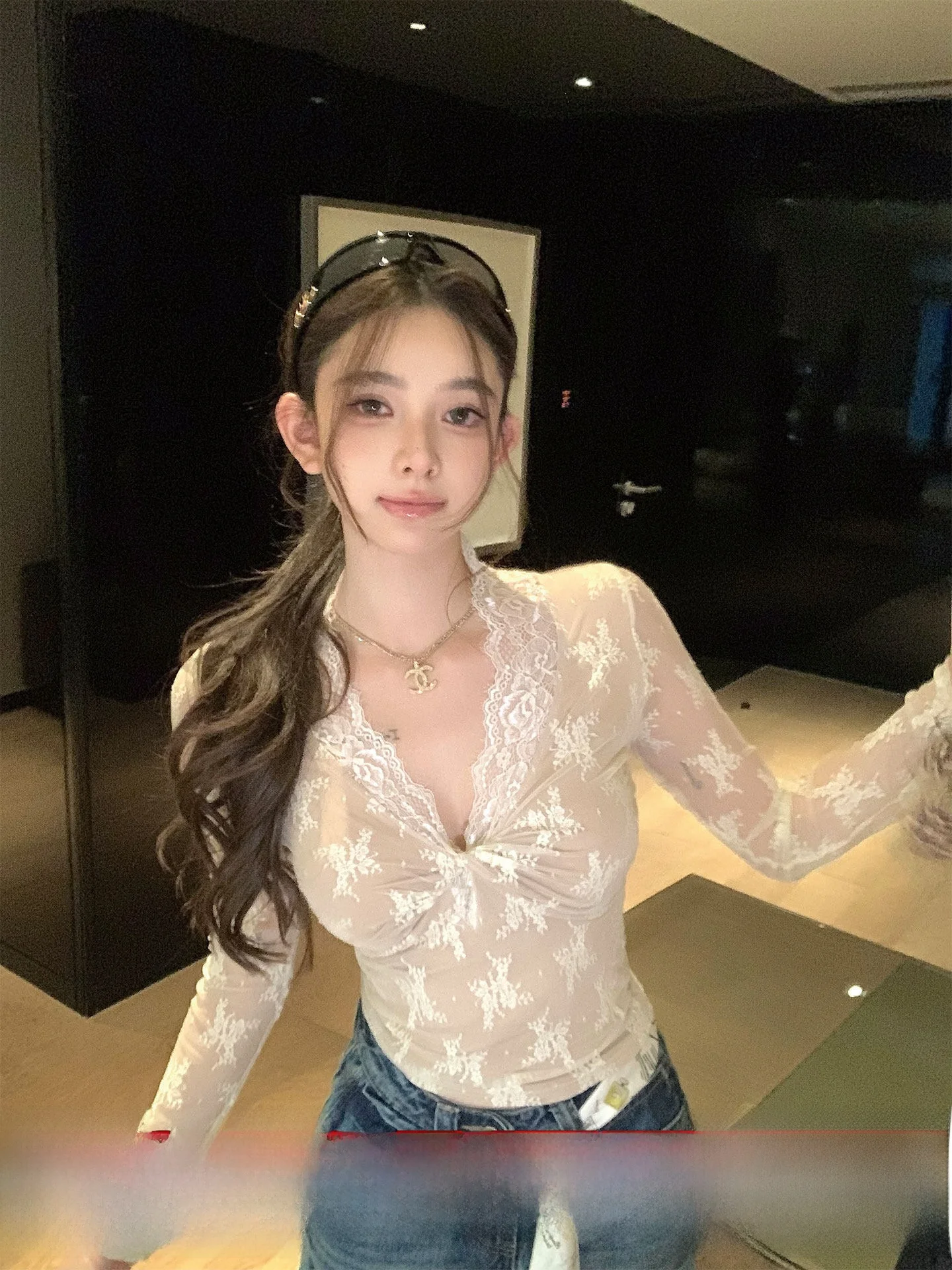 

Slim Fit Lace V-Ne Base irt Women's Personali Pure Desire Sle Inner Wear Top Casual Sle Long Sve Floral Pattern