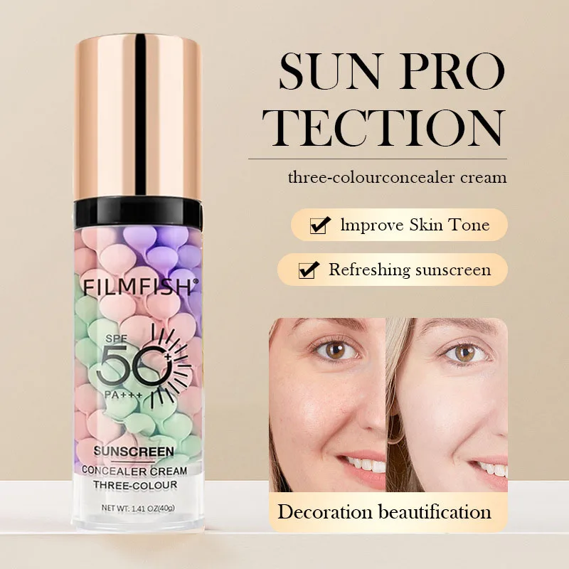 Base de maquillage pour le visage, crème tricolore, Isolation des couleurs, fond de teint imperméable, crème de Base de maquillage naturelle, 40g