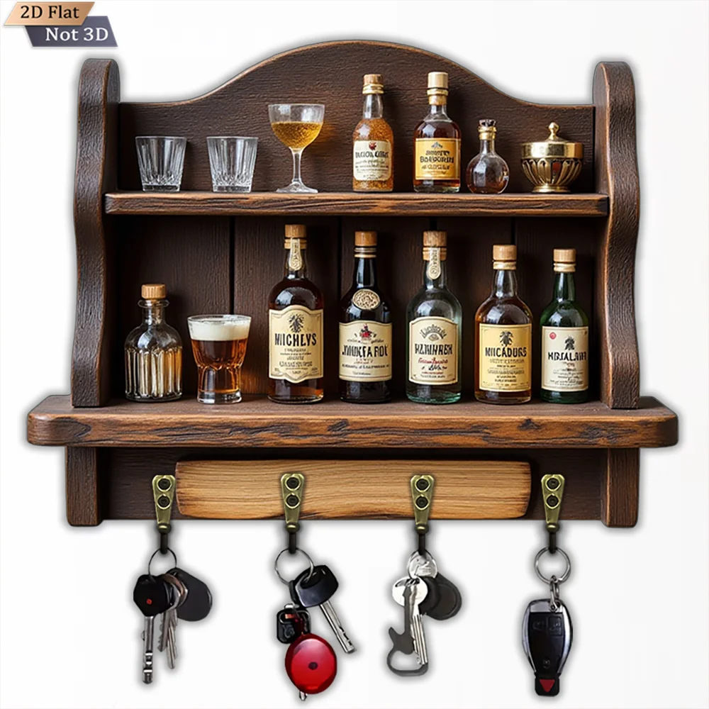 2D Flat, 1pc, Vintage Wooden Multifunctional Home Key Hook, with Four Metal Hooks, Wall Decoration, Porch Decoration, Room