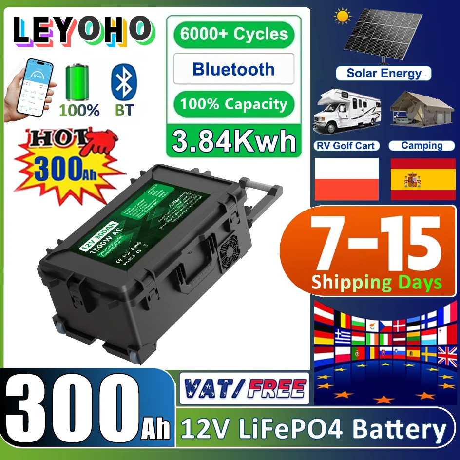 

Аккумулятор LiFePO4 12В 300Ач 3.84кВтч с Bluetooth, BMS 4S 200А, 6000 циклов, выход переменного тока 1500Вт, USB 18Вт и Type-C, наличие на складе в ЕС, без налога