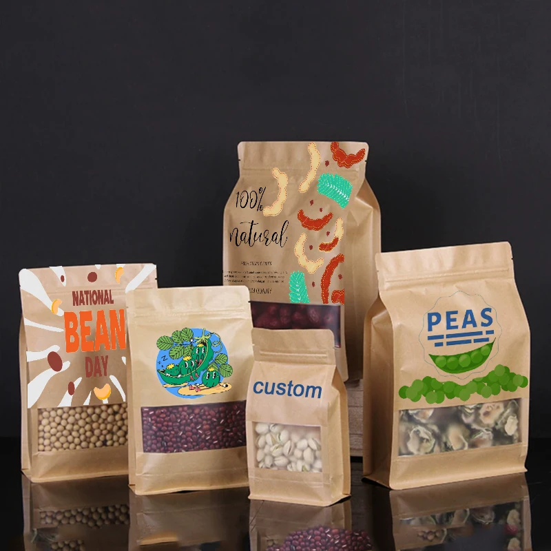 Custom Kraft Paper Window Red Date Dried Fruit Tea Moisture-Proof Sealed Biscuit Beans Standing Bag