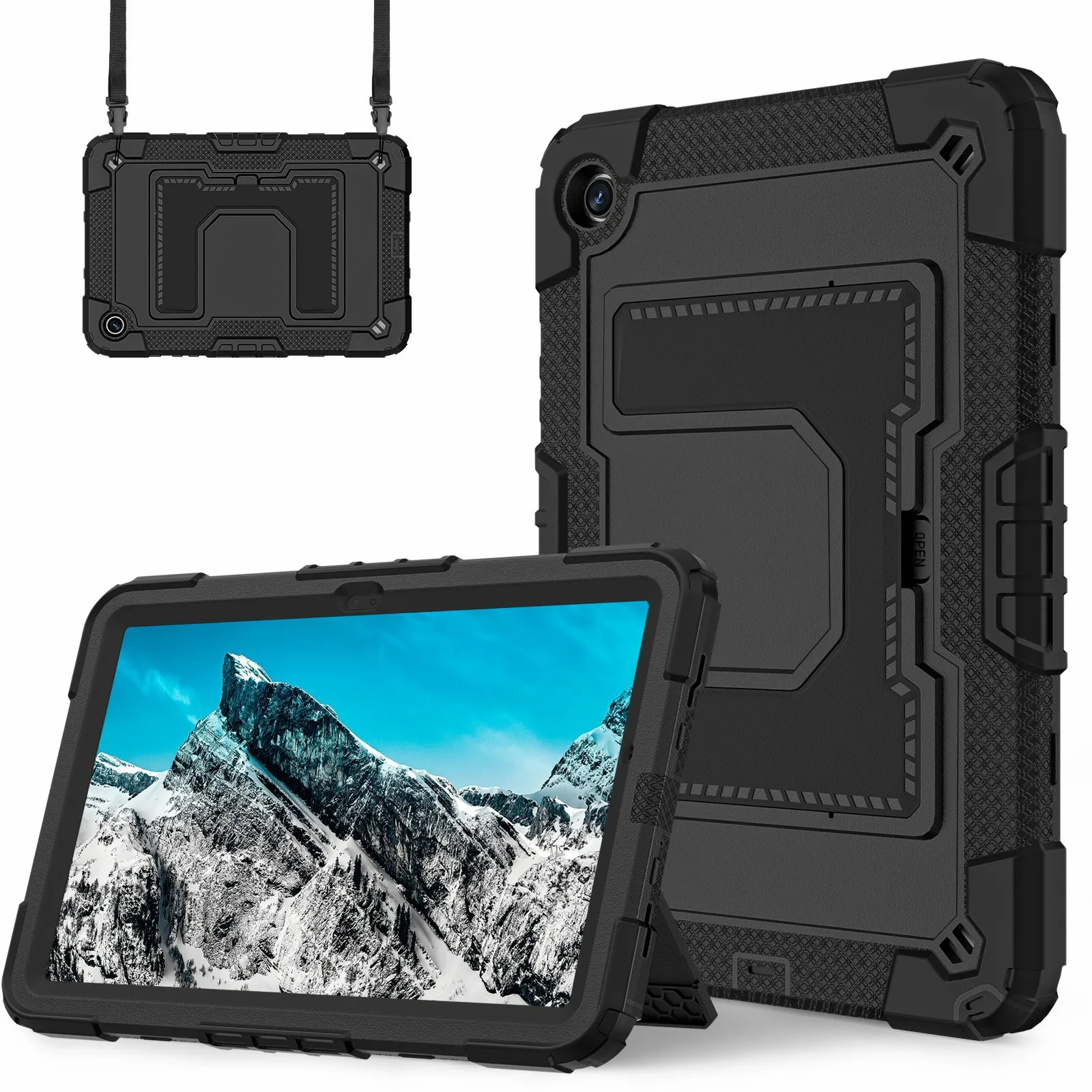

For Samsung Galaxy Tab A11+ Case with Kickstand Strap Anti Drop PC + Silicone Tablet Cover - Black / Black
